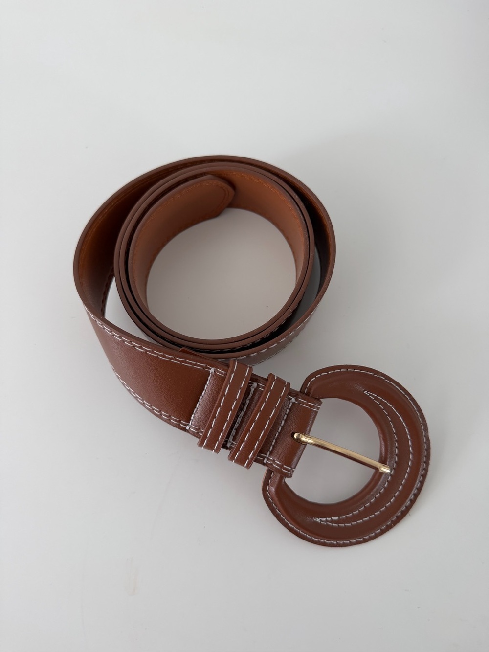 Brown faux leather belt accessory round buckle